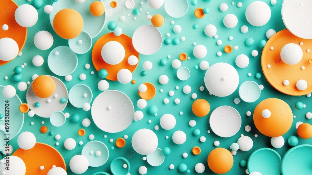 Vibrant abstract background with 3D spheres in orange, white, and turquoise. Modern design ideal for creative projects and contemporary art. Vibrant abstract background with 3D spheres in orange, white, and turquoise. Modern design ideal for creative projects and contemporary art.