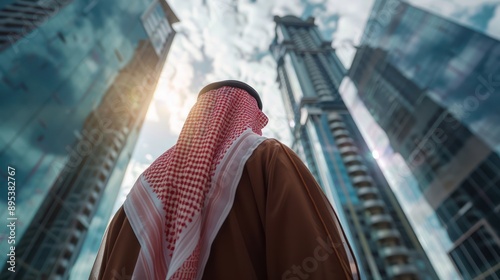 saudi young businessman from back looking up towards saudi kingdom building with sky