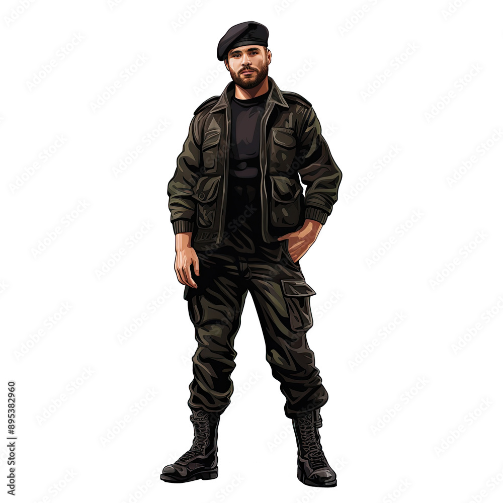 An illustration of a macho soldier man wearing a black beret with one hand in his pocket An illustration of a macho soldier man wearing a black beret with one hand in his pocket