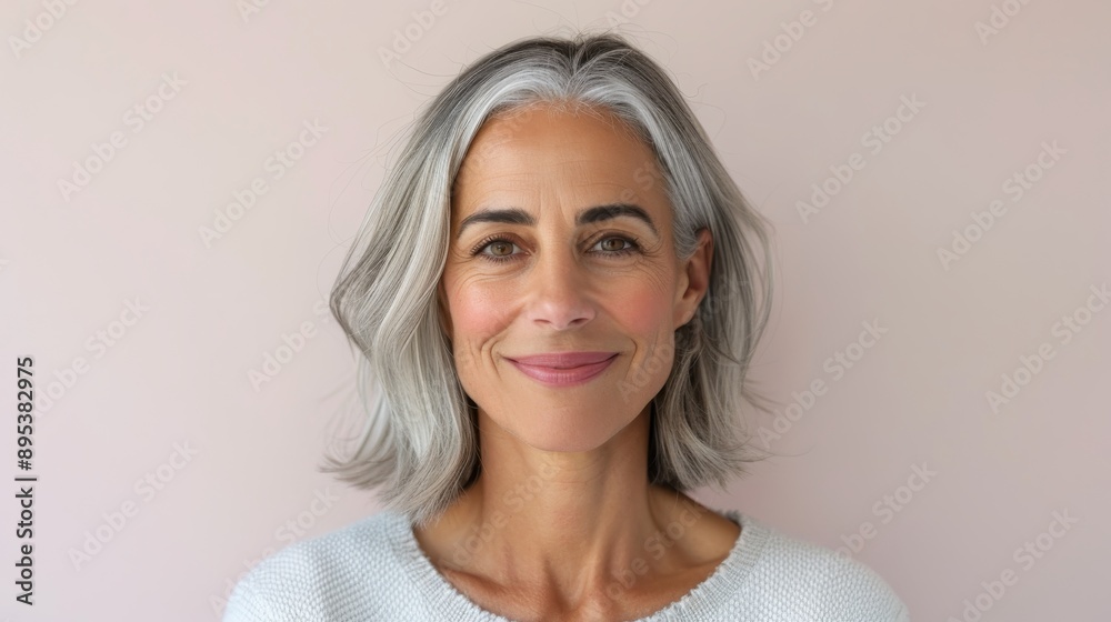 Fototapeta premium A woman with gray hair is smiling and looking at the camera