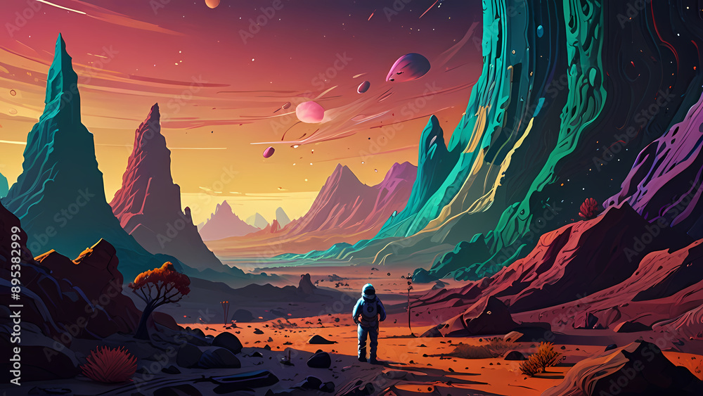 Fototapeta premium Illustration background Of an astronaut is exploring an alien landscape