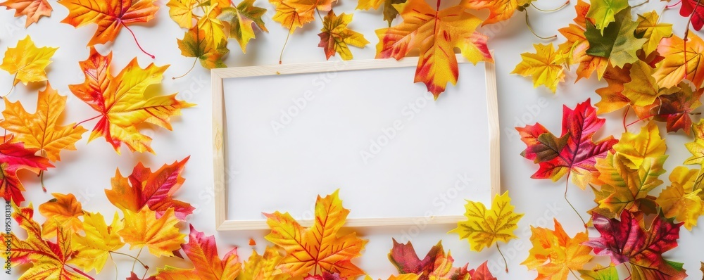 A blank frame surrounded by vibrant fall leaves in shades of orange, yellow, and red, perfect for seasonal decor. A blank frame surrounded by vibrant fall leaves in shades of orange, yellow, and red, perfect for seasonal decor.