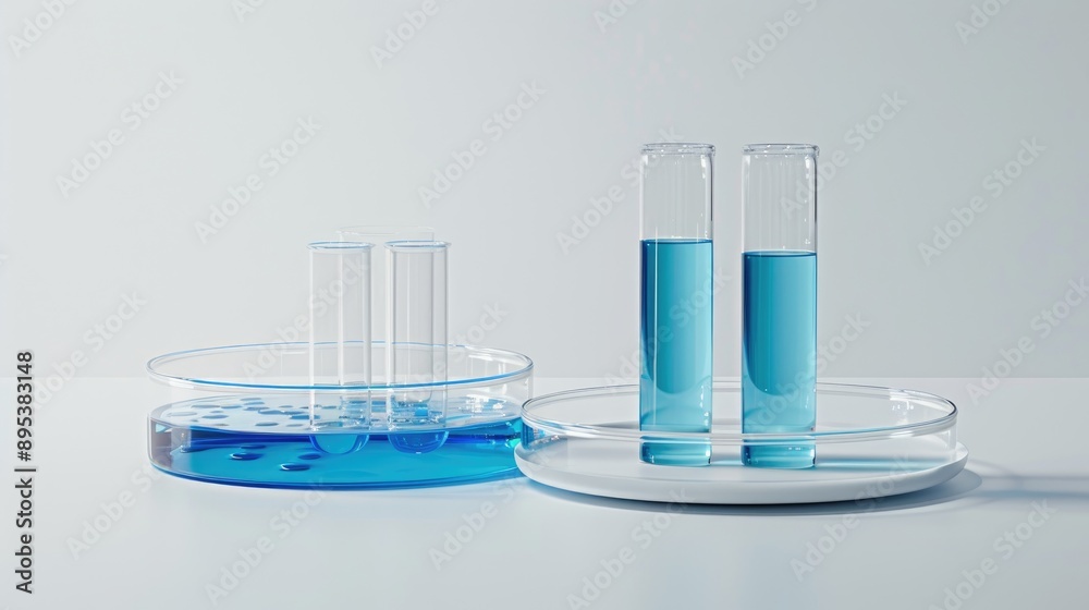 Simple display with glass petri dishes and test tubes containing blue liquid on white backdrop Space for showcasing products Simple display with glass petri dishes and test tubes containing blue liquid on white backdrop Space for showcasing products