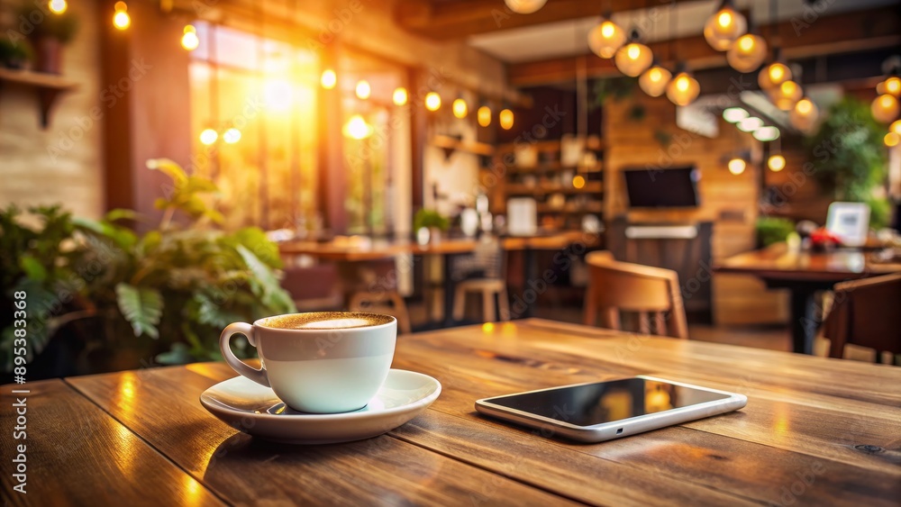 Warm ambient lighting illuminates a serene modern caf? setting with a coffee cup, idle mobile screen, and rustic wooden table against a cozy backdrop. Warm ambient lighting illuminates a serene modern caf? setting with a coffee cup, idle mobile screen, and rustic wooden table against a cozy backdrop.