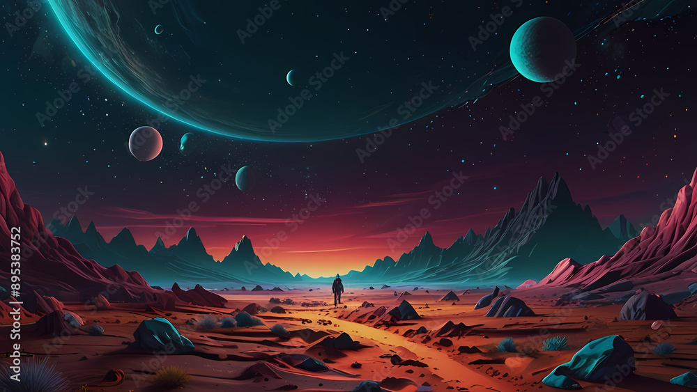 Fototapeta premium Illustration background Of an astronaut is exploring an alien landscape