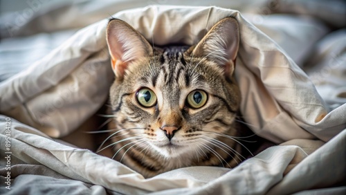 Adorable whiskered feline partially concealed under crumpled bedding, its curious gaze fixed intently on the lens with playful intensity.