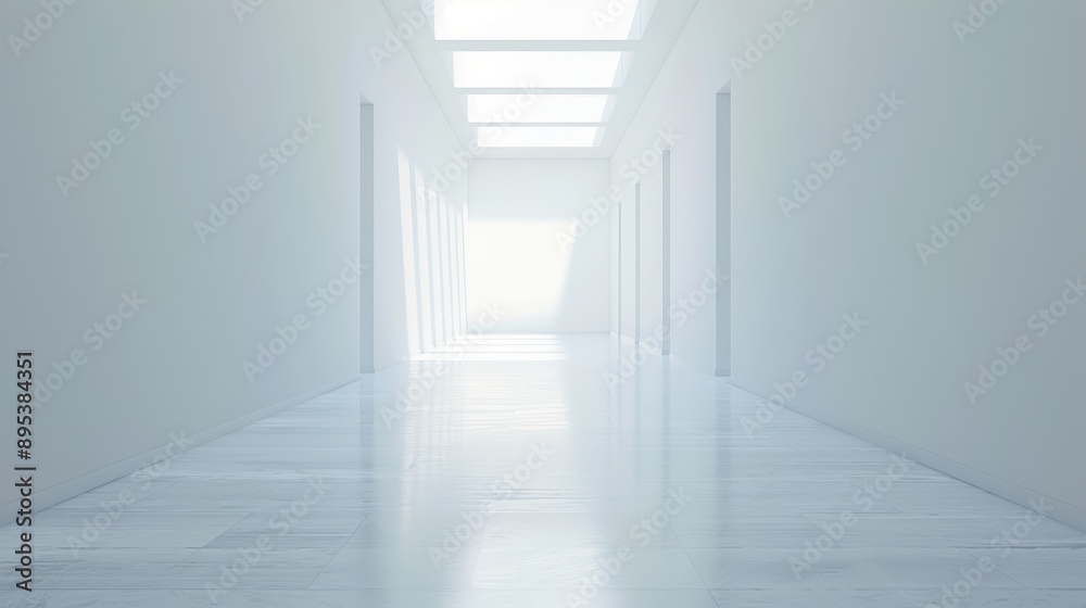A long, empty hallway with a white door on the right A long, empty hallway with a white door on the right