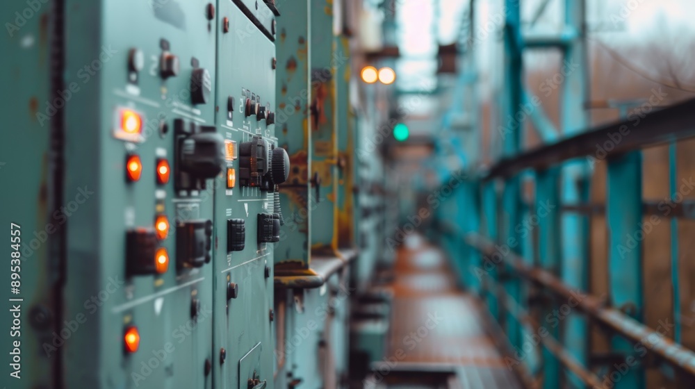 Close up of plant industrial control panel with switches and lamps.