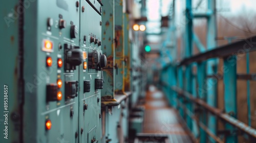 Close up of plant industrial control panel with switches and lamps.