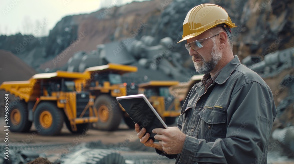 Industrial engineer uses computer tablet to manage on site. Adult man in uniform and yellow helmet against background of mining tractors parking. Industrial engineer uses computer tablet to manage on site. Adult man in uniform and yellow helmet against background of mining tractors parking.