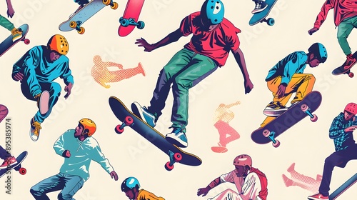 Hand drawn skateboarding seamless pattern. skateboard background. Skateboarding doodle illustration. Vector illustration. 