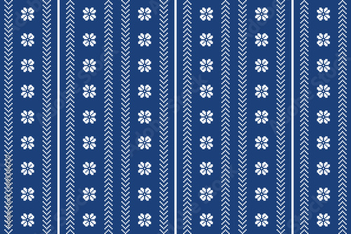 Fabric pixel abstract geometric pattern stye on blue background. Design for clothing, fabric, background, wallpaper, wrapping, batik. Knitwear, Embroidery style. 