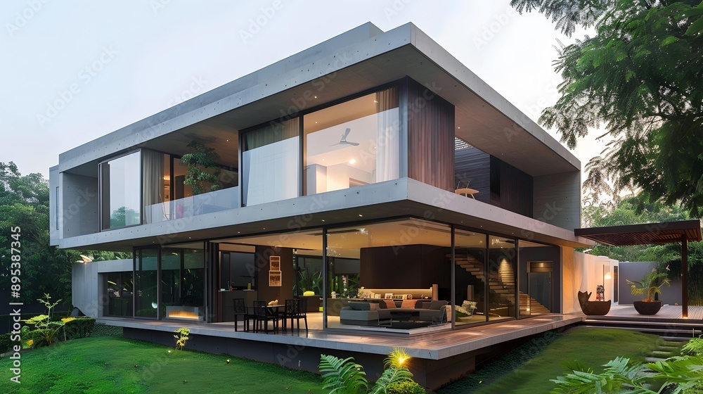 Modern Concrete House with Large Windows and Green Lawn Modern Concrete House with Large Windows and Green Lawn