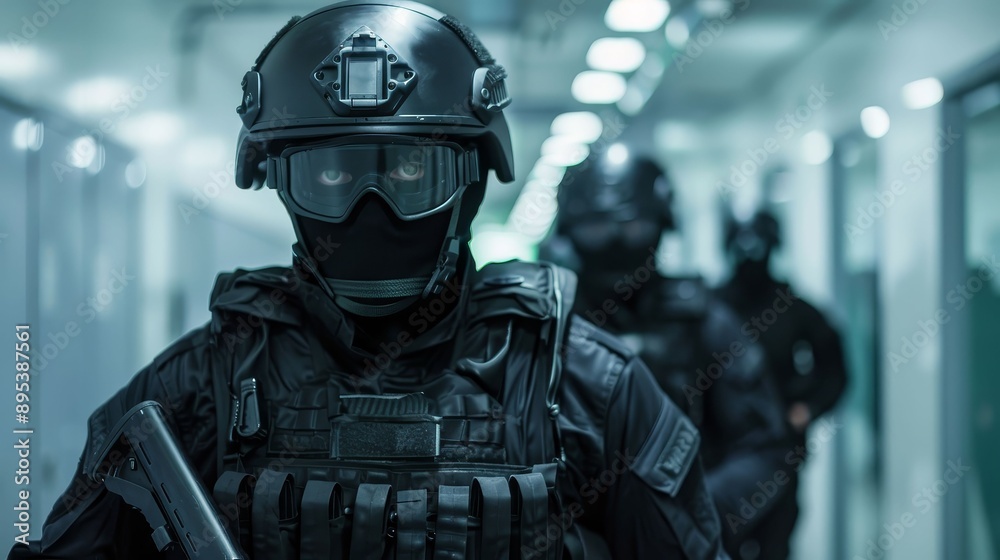 Cyber police unit in tactical gear entering a building, action, enforcement Cyber police unit in tactical gear entering a building, action, enforcement