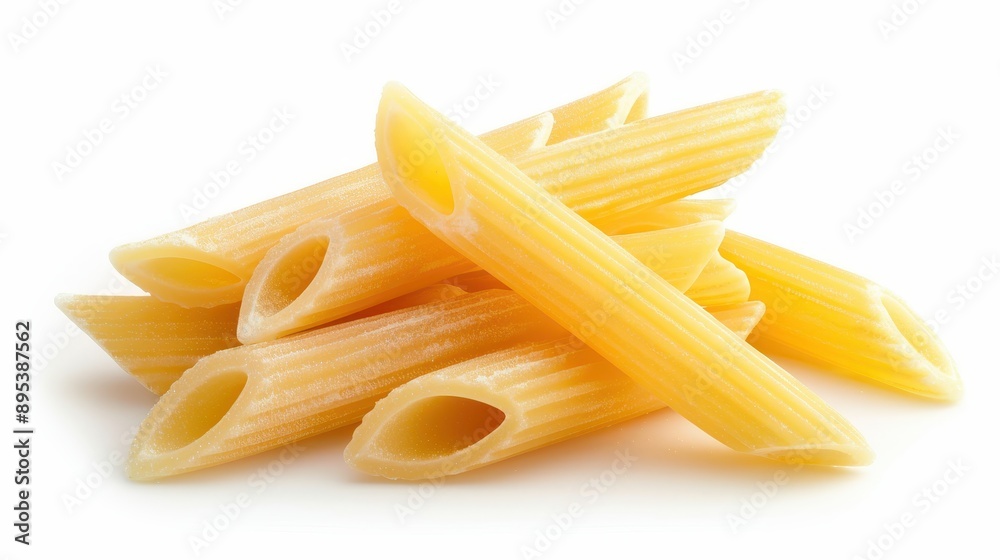 A pile of uncooked pasta with a white background