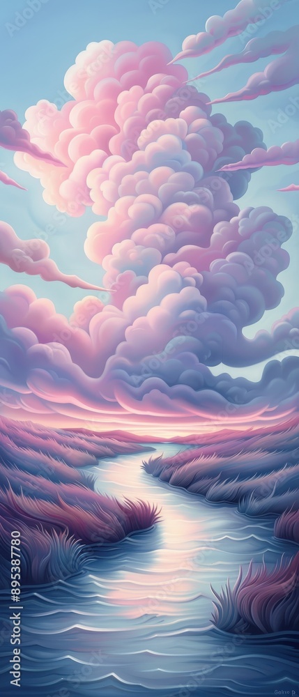 Fototapeta premium A painting of a river with pink clouds in the sky