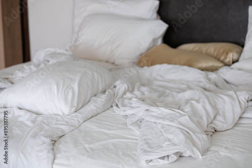 white bed background, after sleep, dirty bed