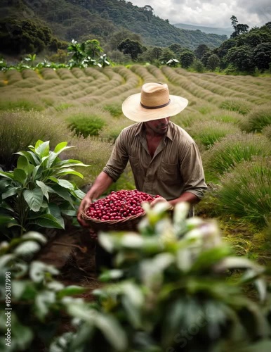 Happy farmer picking Arabica coffee beans on the coffee tree.