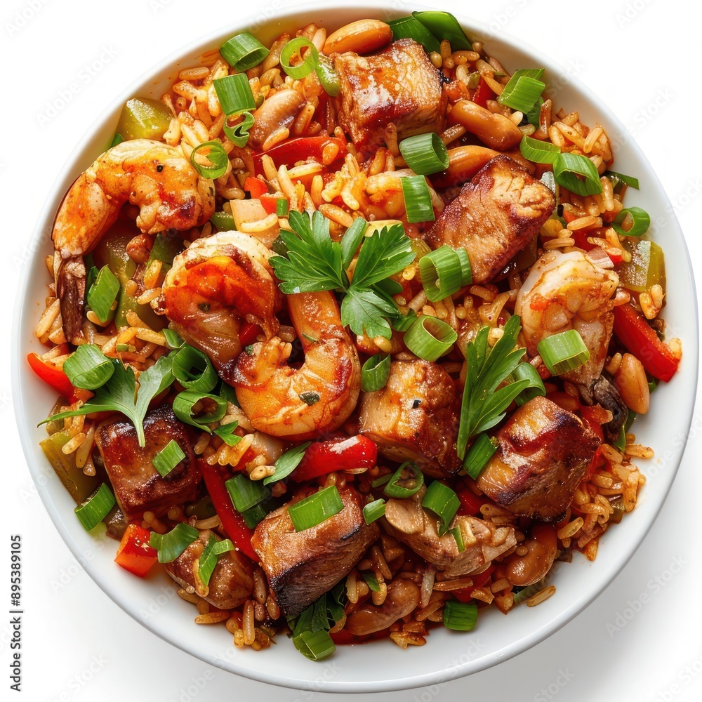 araffy meal of shrimp, rice, and vegetables in a b araffy meal of shrimp, rice, and vegetables in a b