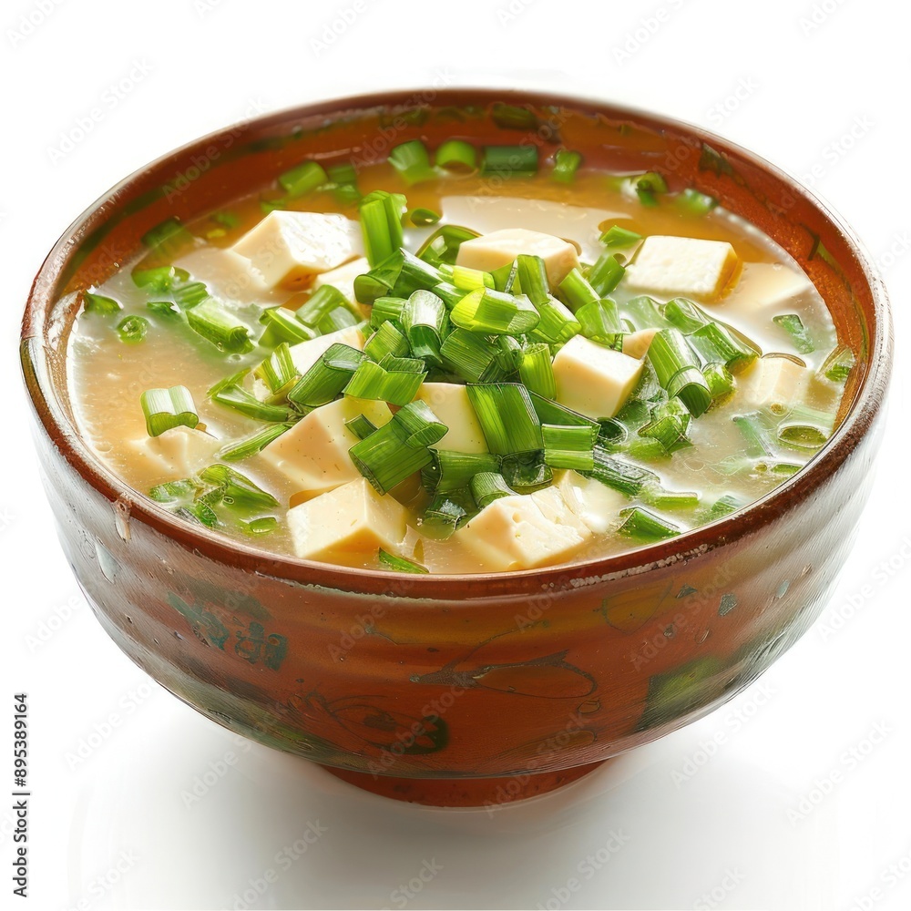 a bowl of soup with tofu and green onions a bowl of soup with tofu and green onions
