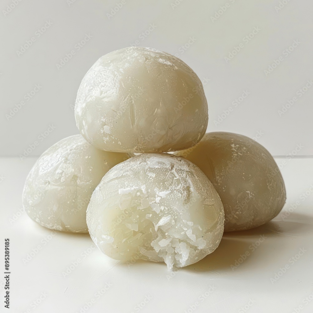 four balls of white dough on a white surface four balls of white dough on a white surface