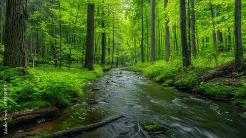 A forest scene with a gentle river meandering through, surrounded by lush greenery and tall trees. © Imran_Art