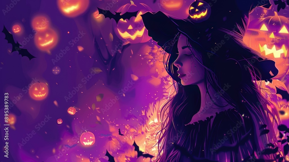 Enchanting Halloween Witch with Glowing Jack-o'-Lanterns and Bats Enchanting Halloween Witch with Glowing Jack-o'-Lanterns and Bats