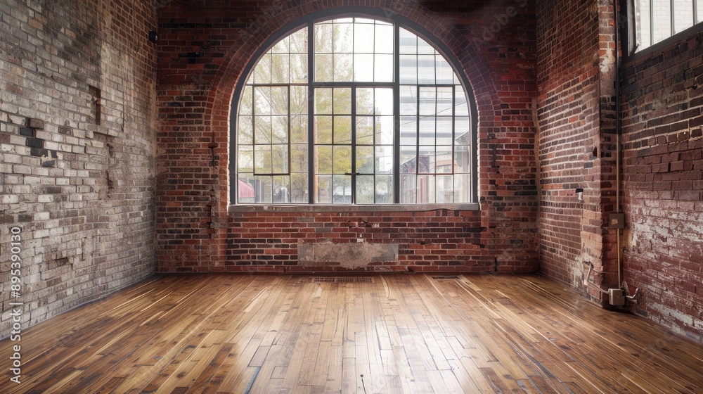 Fototapeta premium Vacant space with arched window and wood flooring. Brick wall in loft setting. Empty studio or office.