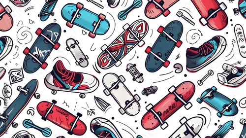 Hand drawn skateboarding seamless pattern. skateboard background. Skateboarding doodle illustration. Vector illustration. 