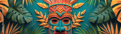 Vibrant tribal mask surrounded by tropical leaves, showcasing intricate designs and bold colors for a captivating visual appeal.