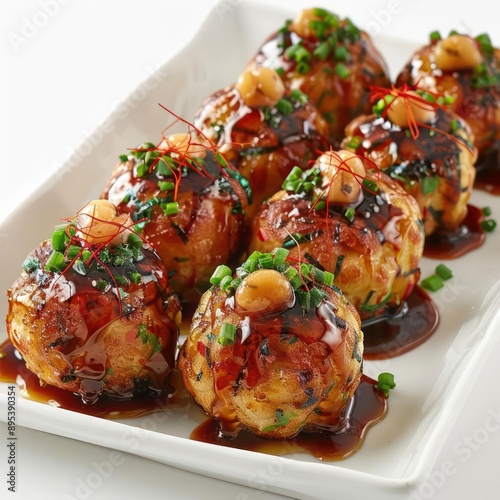 four meatballs covered in sauce and garnished with photo