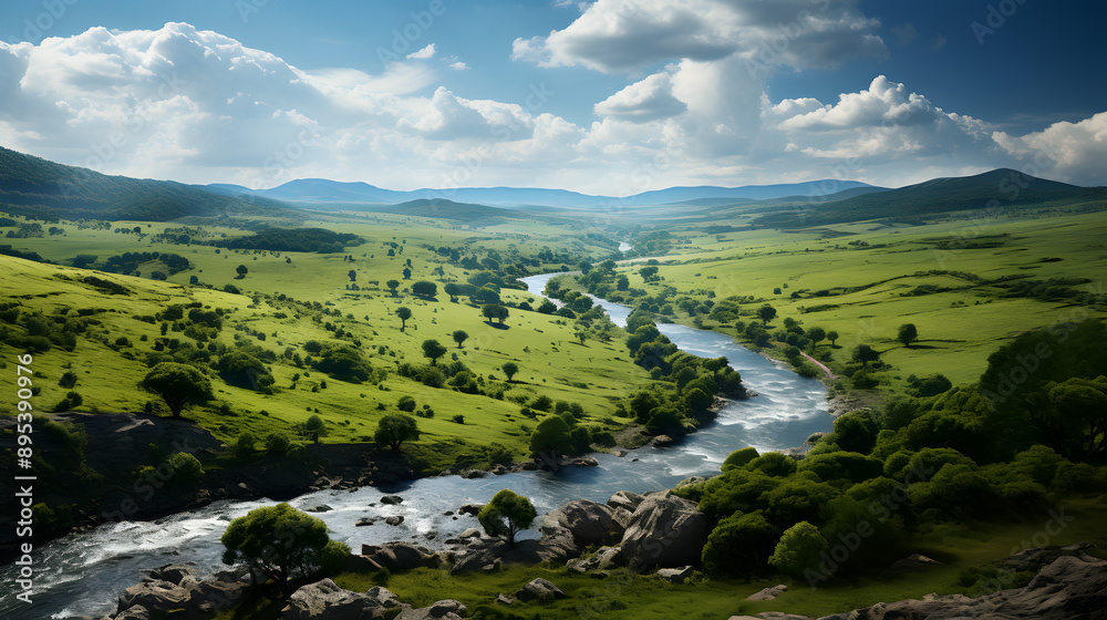 A winding river flows through a lush green valley, surrounded by rolling hills and a vibrant blue sky with fluffy white clouds. A winding river flows through a lush green valley, surrounded by rolling hills and a vibrant blue sky with fluffy white clouds.