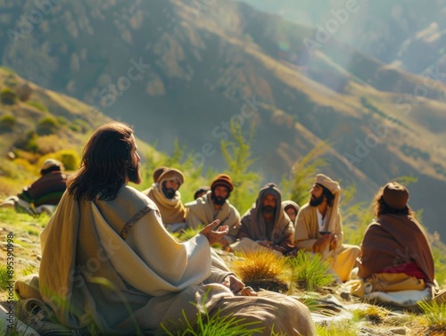 Jesus teaching disciples on a mountainside, close up, focus on spiritual guidance realistic Composite backdrop of serene landscape