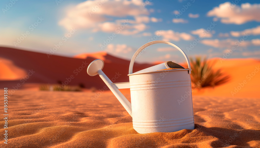A white watering can on the scorching desert sand defying aridity and symbolizing hope in the midst of adversity. A white watering can in the desert sand sea. A white watering can on the scorching desert sand defying aridity and symbolizing hope in the midst of adversity. A white watering can in the desert sand sea.