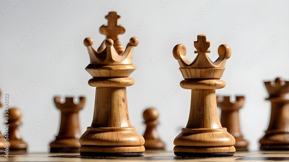 chess pieces on the board with chess queen on white background