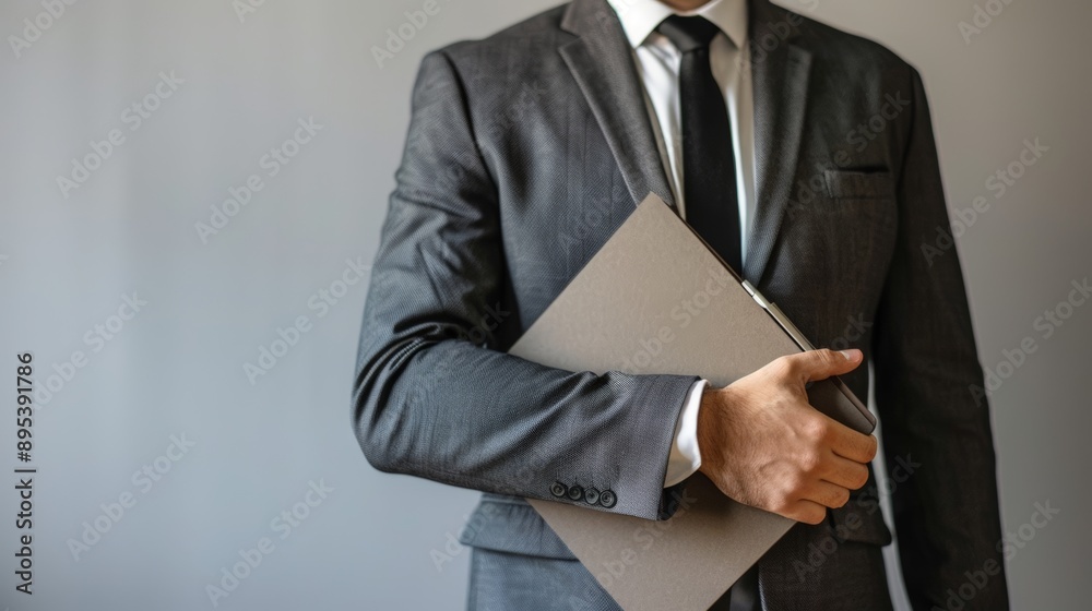 Successful businessman holding project proposal, exuding satisfaction with subtle smile. Successful businessman holding project proposal, exuding satisfaction with subtle smile.