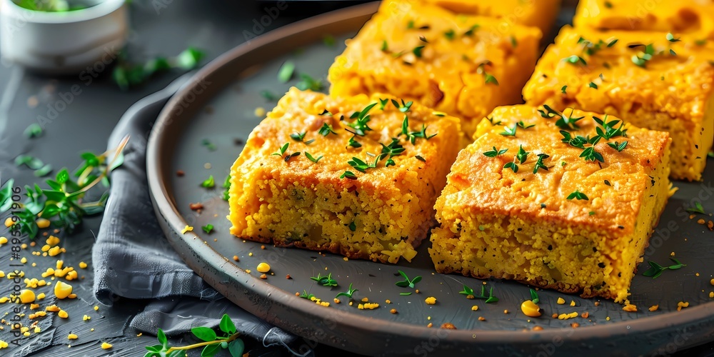 Close-up of golden cornbread squares on a rustic plate. Close-up of golden cornbread squares on a rustic plate.