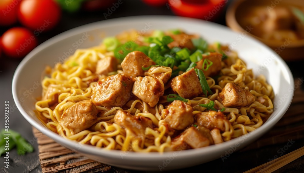 Chicken noodle is a Indonesian dish of seasoned yellow wheat noodles topped with diced chicken meat Chicken noodle is a Indonesian dish of seasoned yellow wheat noodles topped with diced chicken meat
