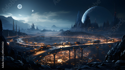 A futuristic city, glowing with life, wraps around a mountain on a distant alien planet, illuminated by two moons in the sky.  photo