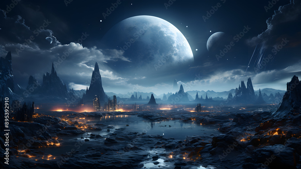 A futuristic city lights up the night sky on a distant planet. A large moon casts an ethereal glow on the rocky landscape, revealing a mysterious, yet beautiful, alien world. A futuristic city lights up the night sky on a distant planet. A large moon casts an ethereal glow on the rocky landscape, revealing a mysterious, yet beautiful, alien world.