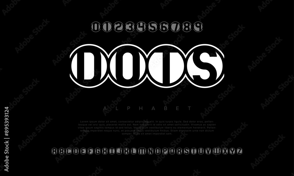 Obraz premium Dots creative modern geometric urban alphabet font. Digital abstract futuristic, game, techno, robot, music, logo, sport, minimal technology typography. Simple numeric vector illustration