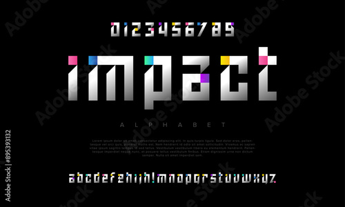 Impact creative modern geometric urban alphabet font. Digital abstract futuristic, game, techno, robot, music, logo, sport, minimal technology typography. Simple numeric vector illustration