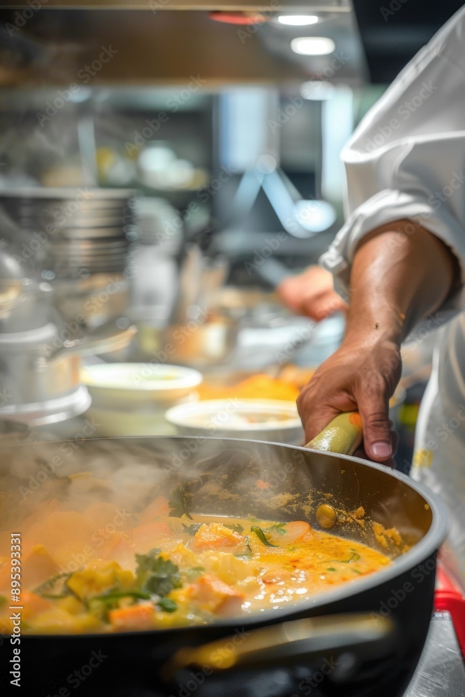 Asian chef simmering a flavorful curry in a large pot, Generative AI Asian chef simmering a flavorful curry in a large pot, Generative AI