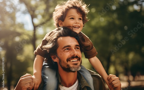 Stylish and happy european father with son on shoulders outdoors in summer