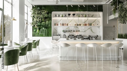 Stylish cafe interior with a modern design, green accents, and bright natural light, creating a welcoming atmosphere for patrons.