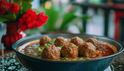 Indonesian Famous Foodstreet Bakso or A bowl of food with meatballs on a table next to a vase of red photo