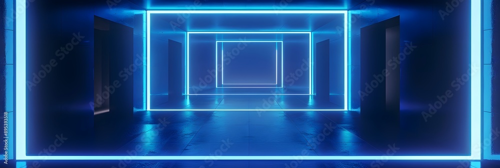 Elongated cubes made of minimal style blue glowing neon lines, floor and walls, aesthetic Elongated cubes made of minimal style blue glowing neon lines, floor and walls, aesthetic