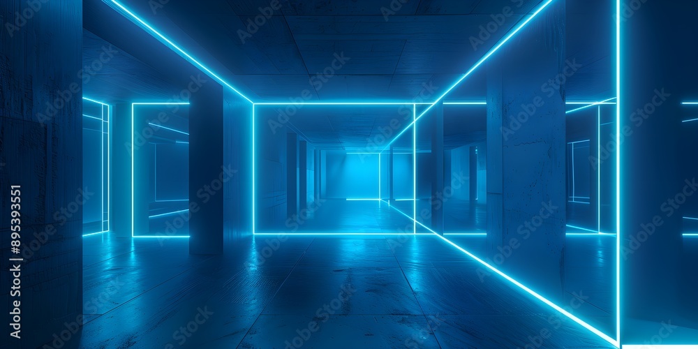 Elongated cubes made of minimal style blue glowing neon lines, floor and walls, aesthetic