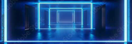 Elongated cubes made of minimal style blue glowing neon lines, floor and walls, aesthetic