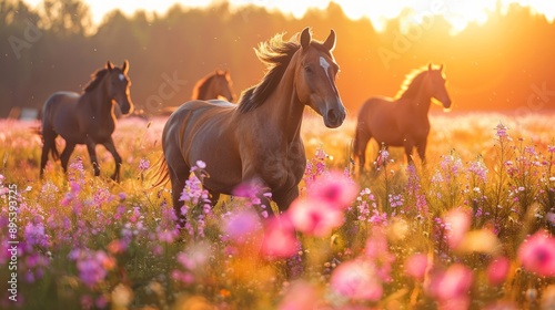 Horses Grazing in Flower Field at Sunrise